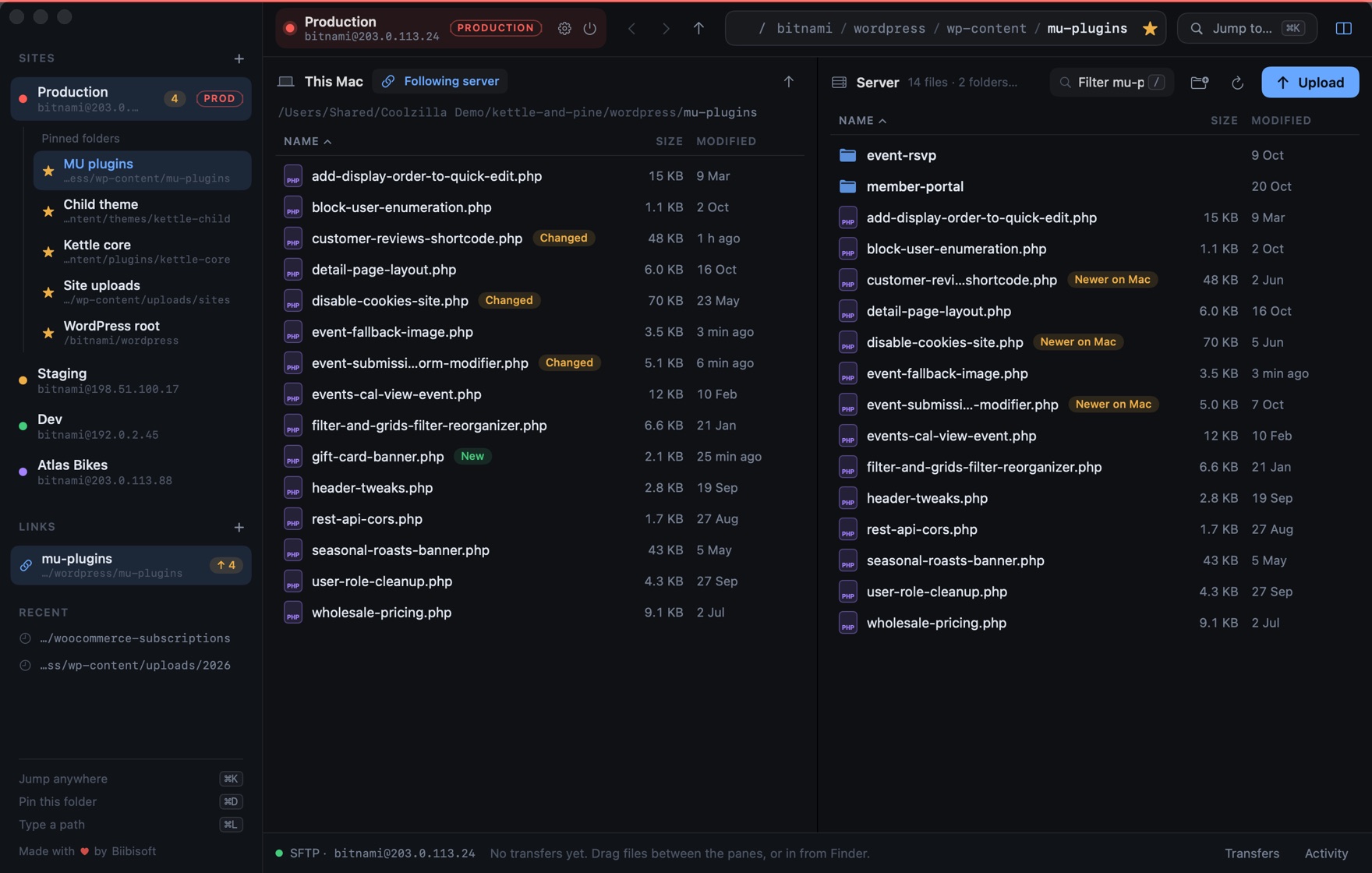 Coolzilla connected to a site called Production: pinned folders and other sites in the sidebar, a Mac folder on the left and the server's mu-plugins folder on the right, with changed files marked.